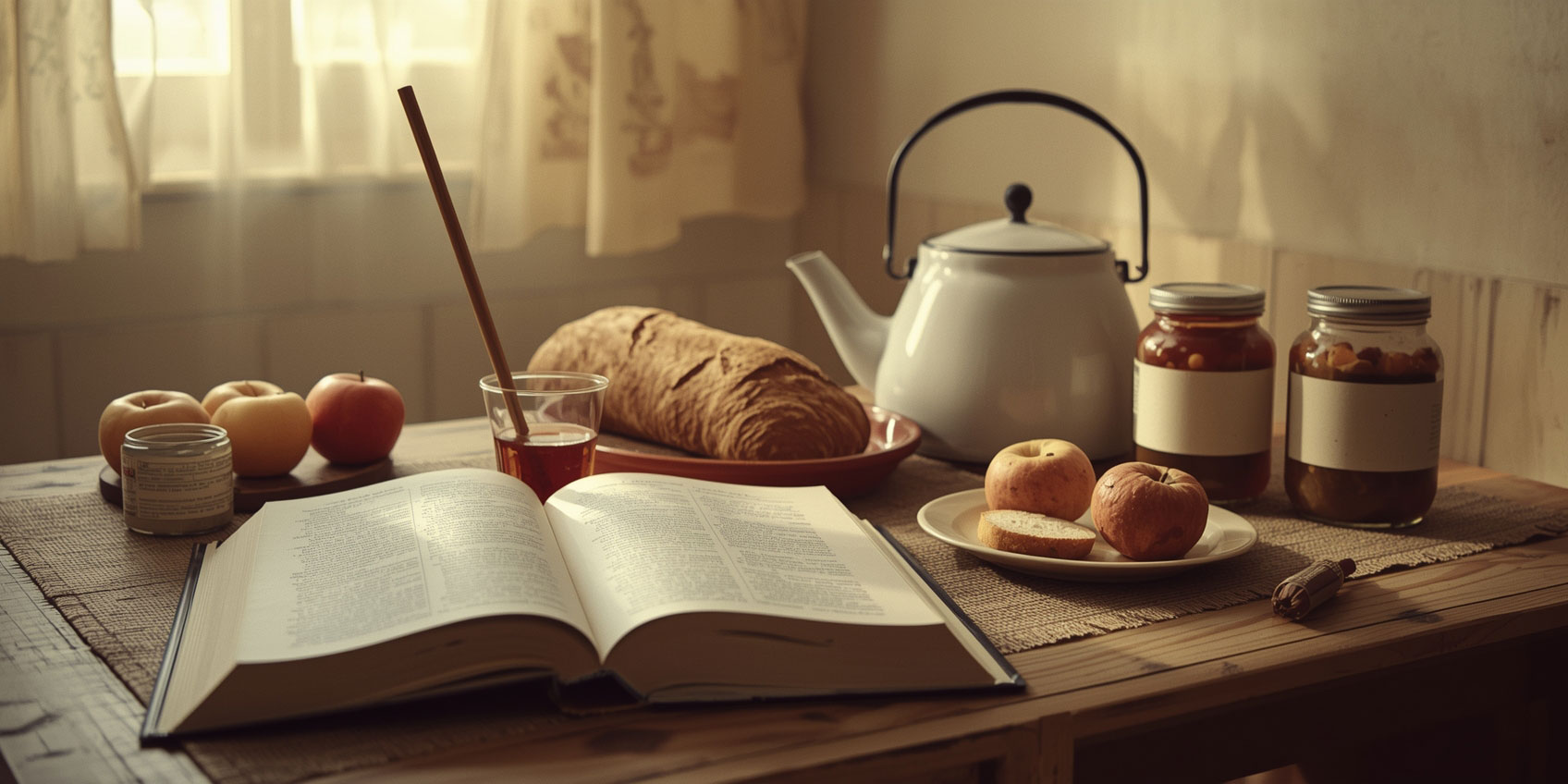 Книга о вкусной и здоровой пище (1952): стол с советскими продуктами и раскрытой книгой